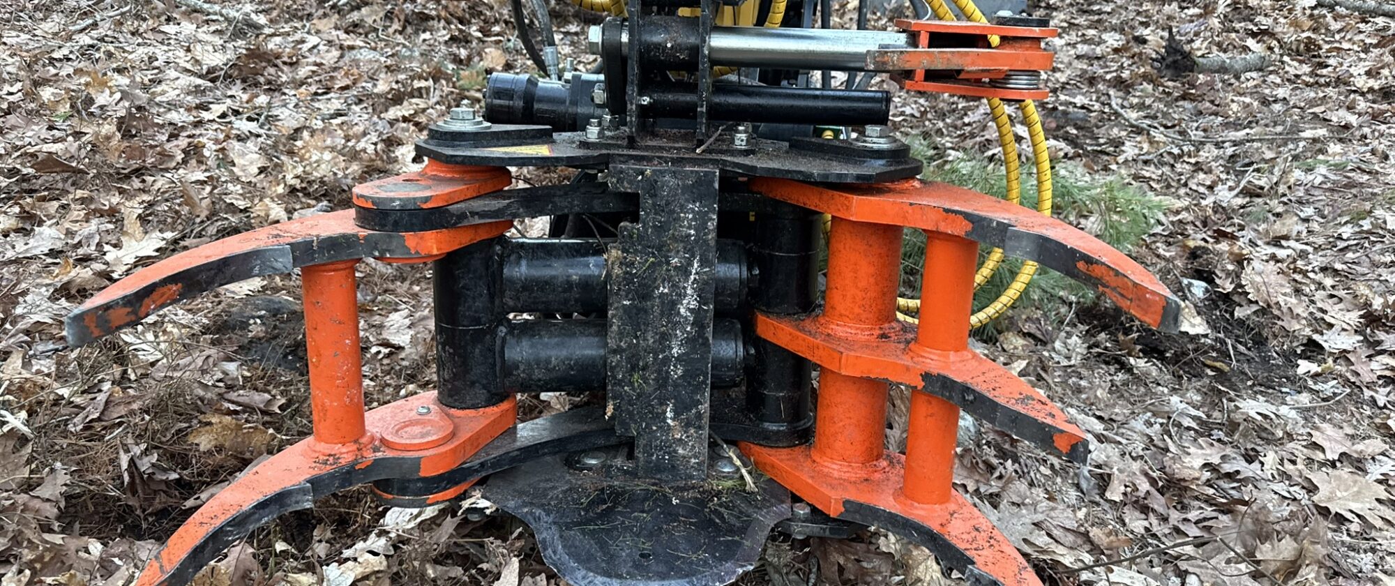 Hydraulic grapple attachment on an excavator arm, resting on the leaf litter of a wooded lot during land clearing in southern Maine.